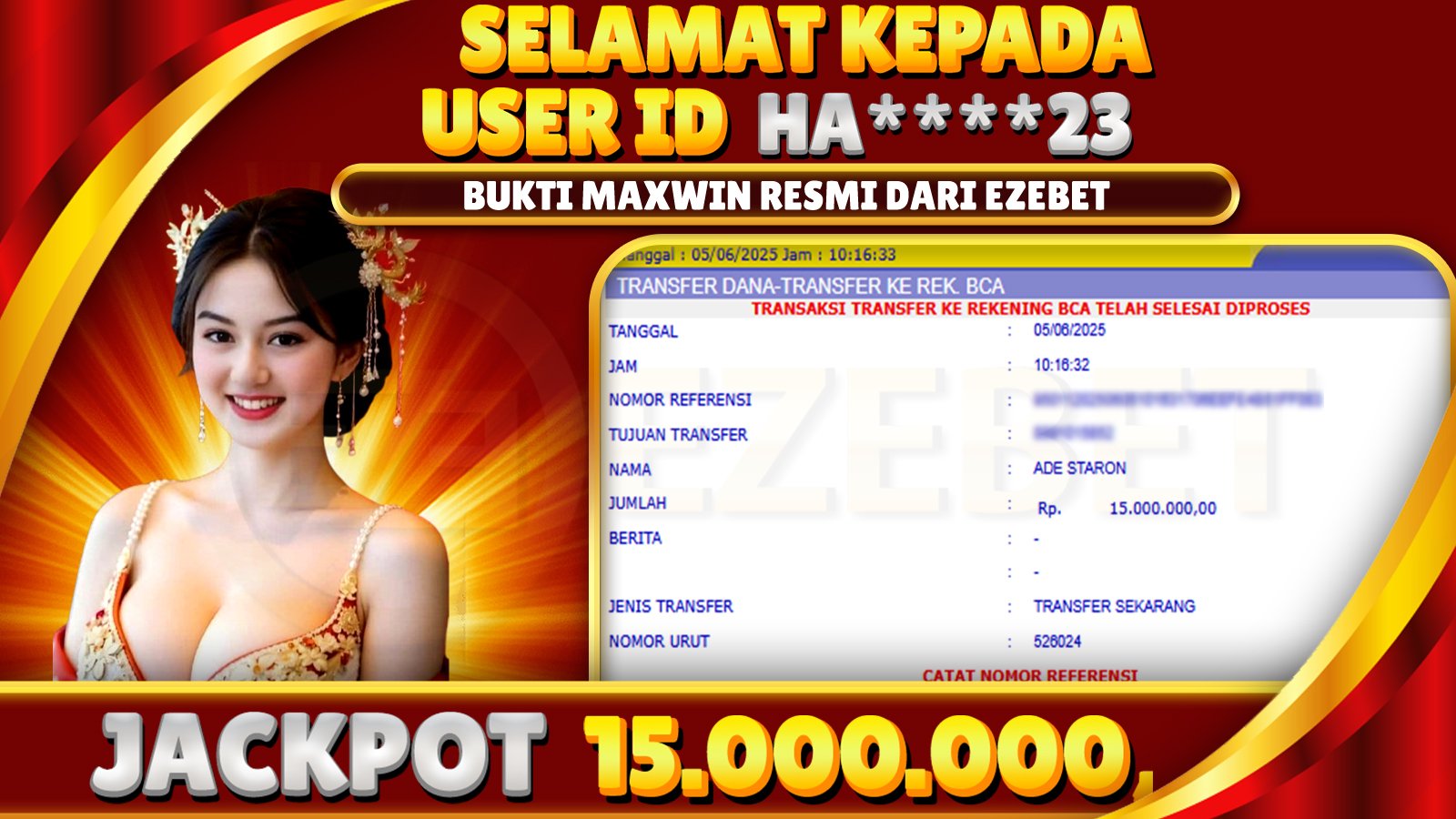 EZEBET KEMENANGAN MEMBER SLOT GAMES SBOBET Rp. 15.000.000,- LUNAS