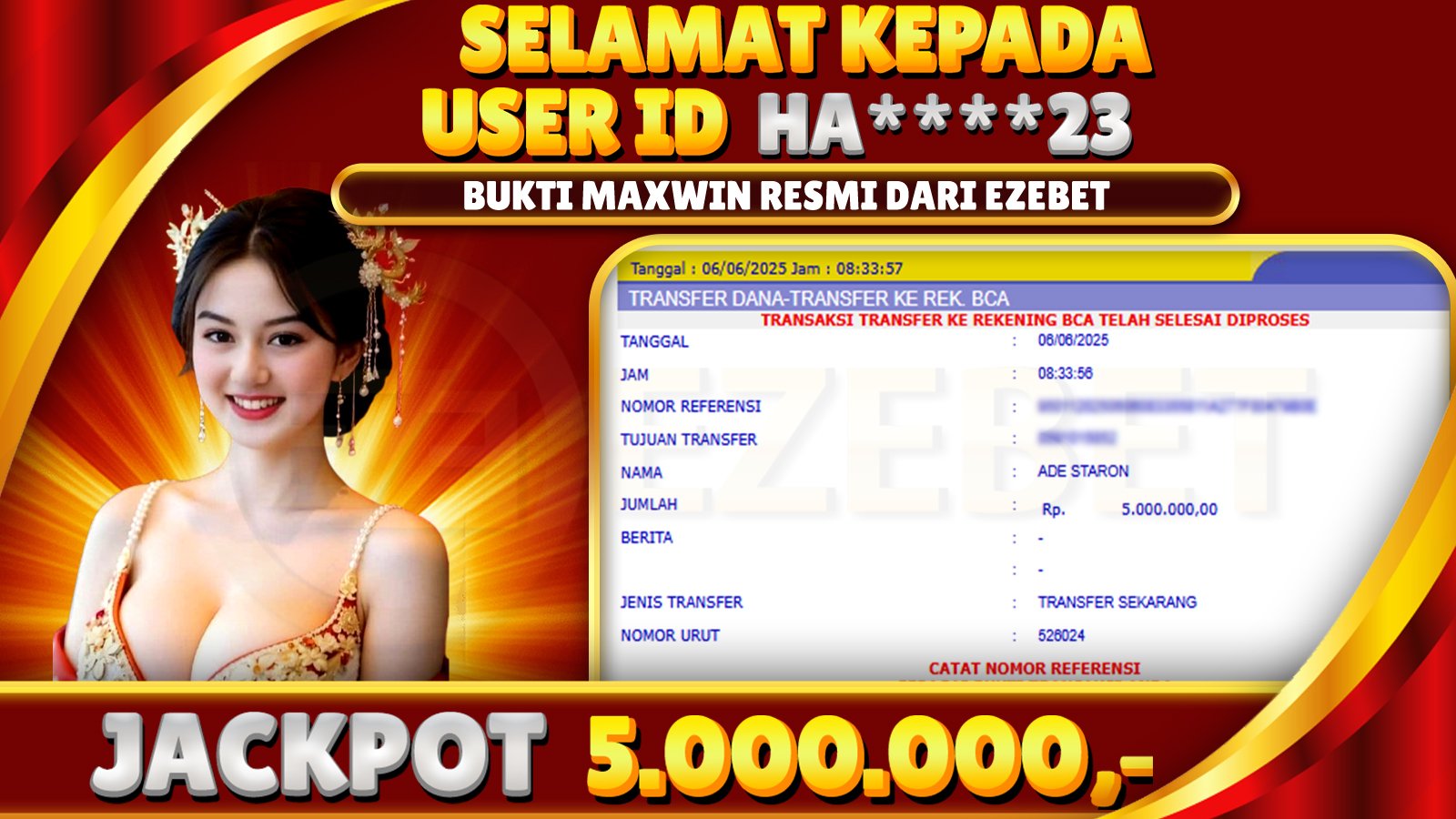 EZEBET KEMENANGAN MEMBER SLOT GAMES SBOBET Rp. 5.000.000,- LUNAS